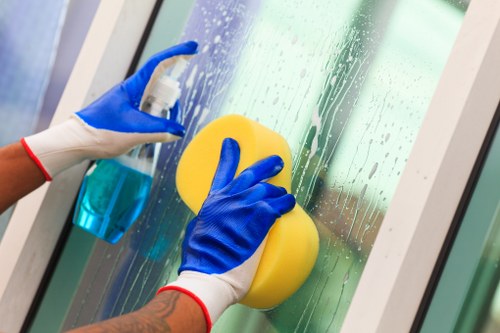 Cleaner using PPE while operating carpet cleaning equipment