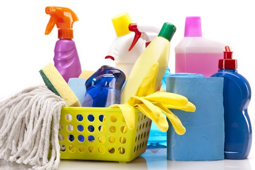 Supervisor reviewing safety procedures before a cleaning job